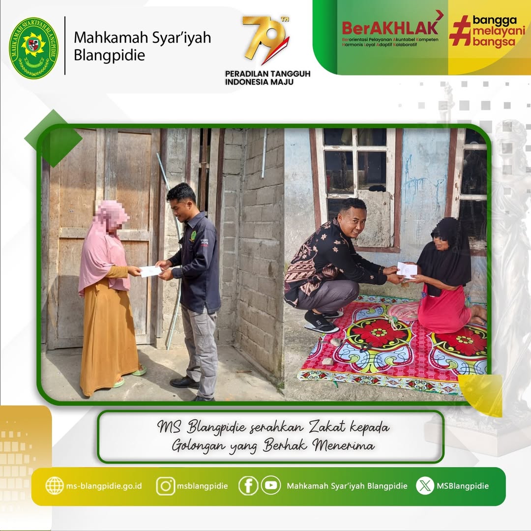 MS Blangpidie serahkan Zakat Mal Pegawai sejumlah Rp 13.250.000 kepada 53 lima puluh tiga orang Golongan yang Berhak Menerima di 5 lima gampong seputaran Kantor Mahkamah Syariyah Blangpidie yaitu K 1