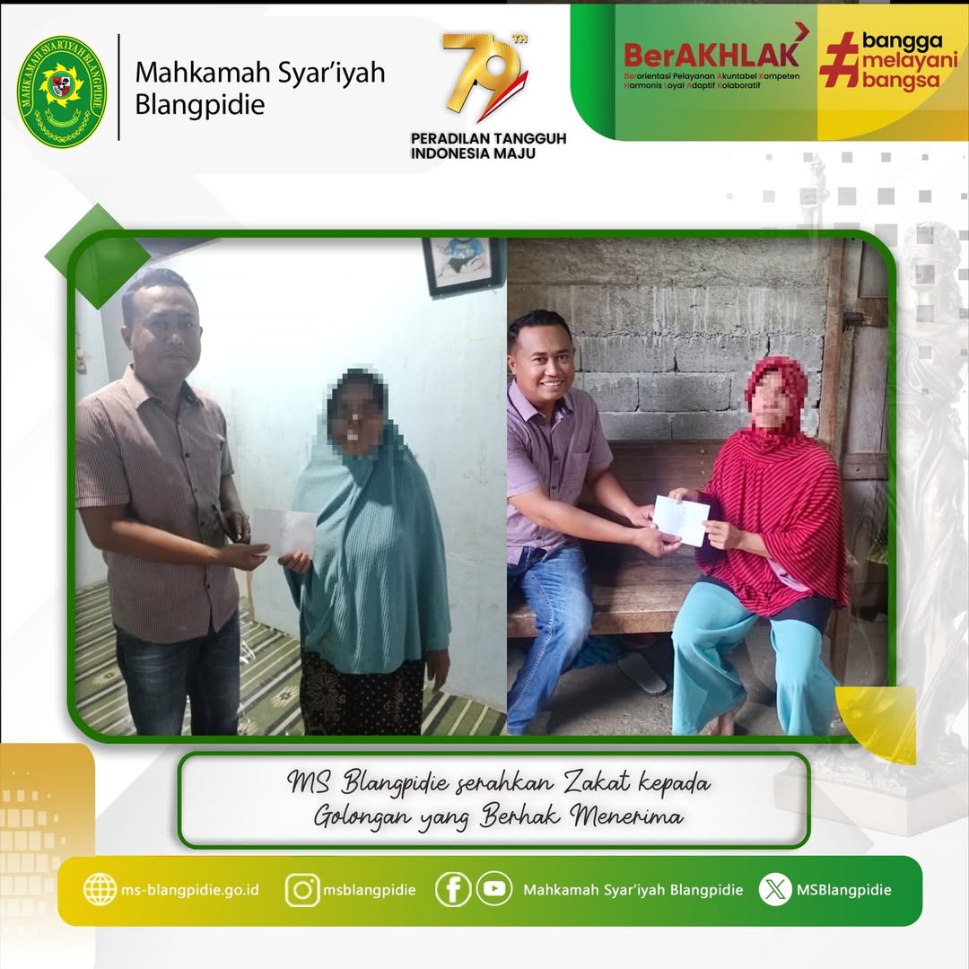 MS Blangpidie serahkan Zakat Mal Pegawai sejumlah Rp 13.250.000 kepada 53 lima puluh tiga orang Golongan yang Berhak Menerima di 5 lima gampong seputaran Kantor Mahkamah Syariyah Blangpidie yaitu K 2