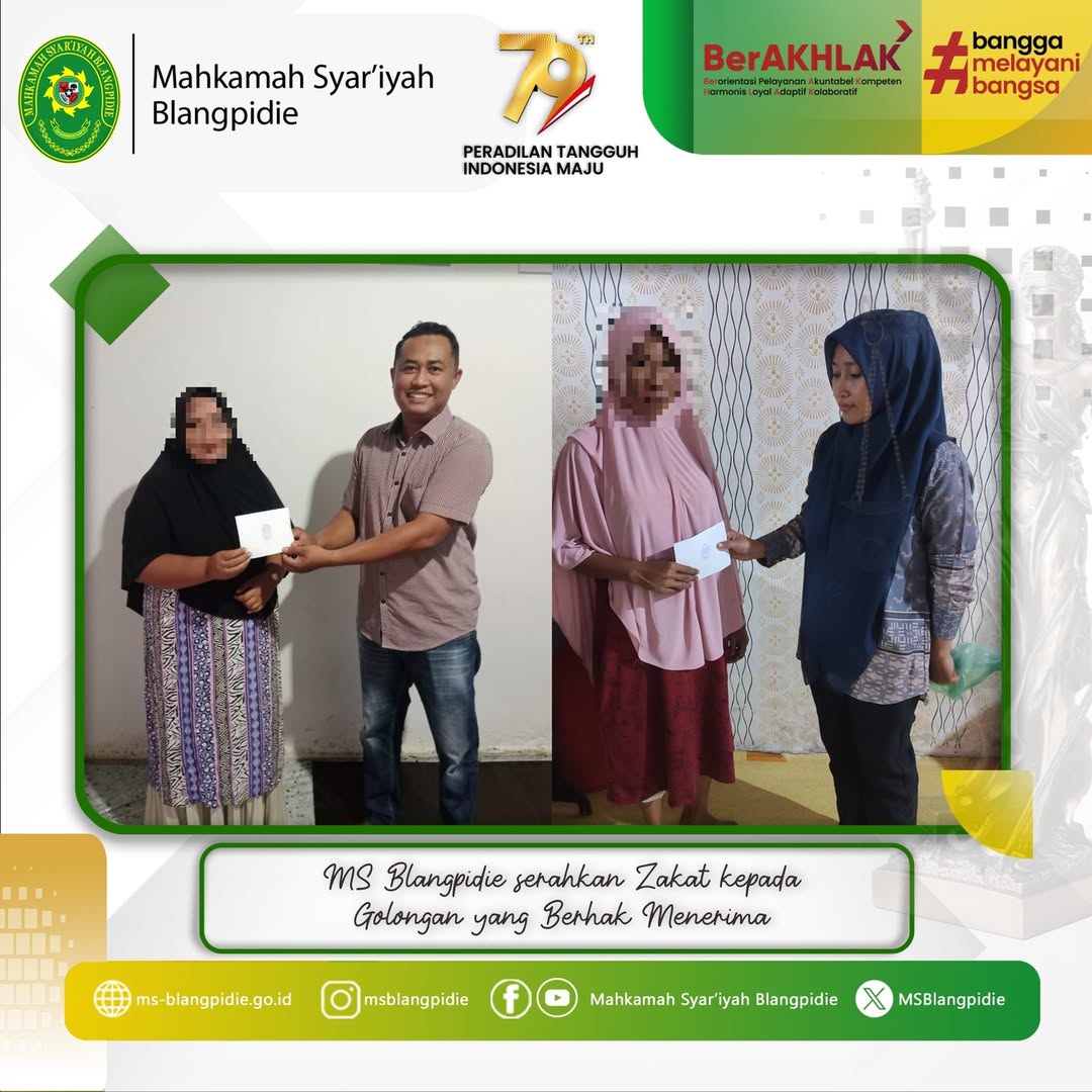 MS Blangpidie serahkan Zakat Mal Pegawai sejumlah Rp 13.250.000 kepada 53 lima puluh tiga orang Golongan yang Berhak Menerima di 5 lima gampong seputaran Kantor Mahkamah Syariyah Blangpidie yaitu K 3
