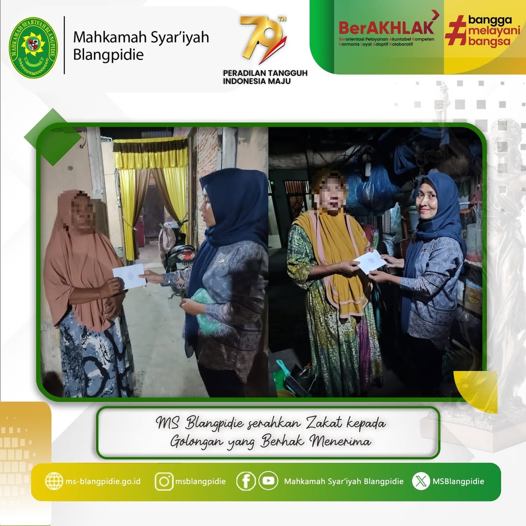 MS Blangpidie serahkan Zakat Mal Pegawai sejumlah Rp 13.250.000 kepada 53 lima puluh tiga orang Golongan yang Berhak Menerima di 5 lima gampong seputaran Kantor Mahkamah Syariyah Blangpidie yaitu K 4