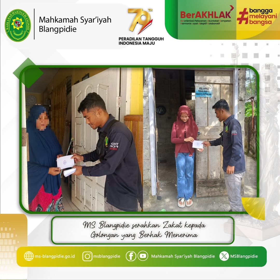 MS Blangpidie serahkan Zakat Mal Pegawai sejumlah Rp 13.250.000 kepada 53 lima puluh tiga orang Golongan yang Berhak Menerima di 5 lima gampong seputaran Kantor Mahkamah Syariyah Blangpidie yaitu Keude